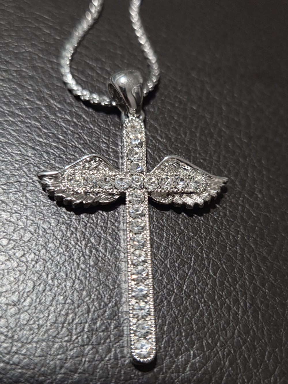 Silver Cross Pendant Necklace with Wing Accents - Silver
